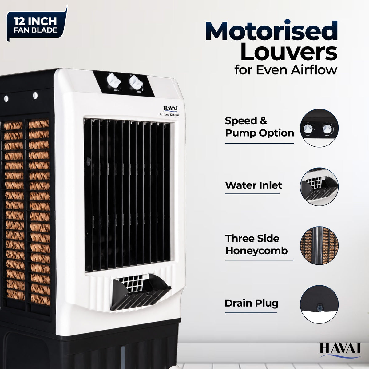 HAVAI Arizona 12 inch Mini Tower Air Cooler | 40L |150 sq ft Rooms |8 ft Throw