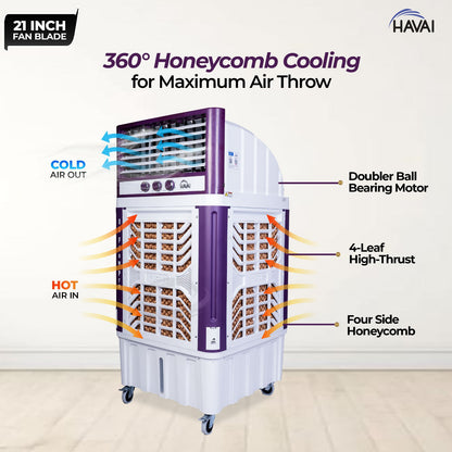 HAVAI 8X Flo Pro Plastic Body Duct Air Cooler | 100L Tank | 21” 4-Leaf Fan | 8500 m³/hr Airflow | 30 ft Air Throw | Double Ball Bearing Motor | 4-Side Honeycomb Cooling
