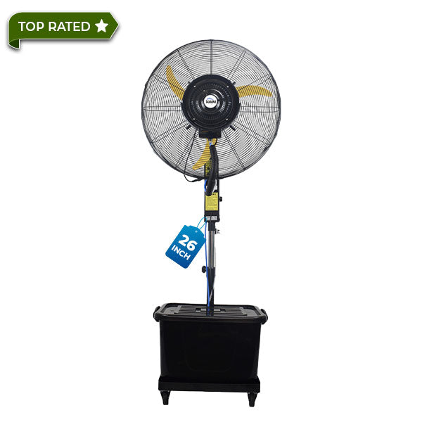 26″ BLDC Mist Fan with Adjustable Height Rod | 41 L Tank | 4-Speed Control | High-Coverage Cooling for Indoor &amp; Outdoor | Yellow &amp; Black | 2 Year Warranty &amp; Free Installation