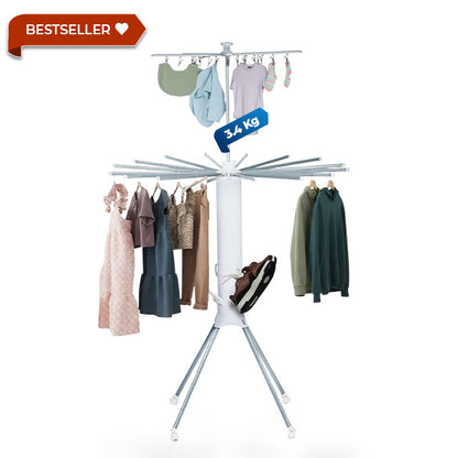 HAVAI Octopus Foldable Rotating Cloth Drying Rack | 360° Multi-Layer Laundry Stand with Lockable Wheels &amp; Strong Load Capacity | Space-Saving Indoor/Outdoor Clothes Hanger for Home Balcony (White)