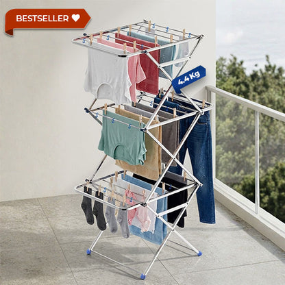 HAVAI DryNest 4.5 KG Heavy Duty Clothes Drying Stand | 40 KG Load Capacity | 3-Tier Zig-Zag Foldable Stainless Steel Airer | Rust Resistant Laundry Rack for Balcony, Indoor &amp; Outdoor Use