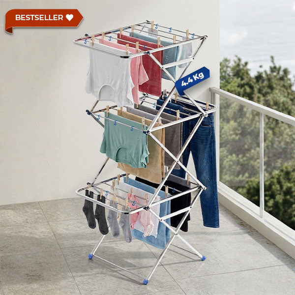HAVAI DryNest 4.5 KG Heavy Duty Clothes Drying Stand | 40 KG Load Capacity | 3-Tier Zig-Zag Foldable Stainless Steel Airer | Rust Resistant Laundry Rack for Balcony, Indoor & Outdoor Use