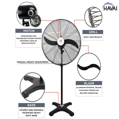 HAVAI BLDC Pedestal Fan 26 inch, 50% Savings on Electricity, High Velocity, Heavy Duty Metal for Industrial, Commercial and Residential Use, Assembly Included