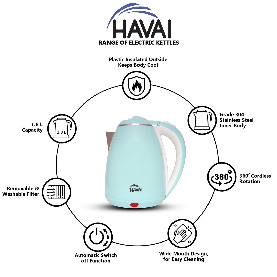 HAVAI Large Premium Electric Kettle 1.8L |Stainless Steel Inner Body | Auto Power Cut | Boil Dry Protection &amp; Cool Touch Double Wall | Portable | 1500 Watts |1 Year Warranty - AQUA BLUE