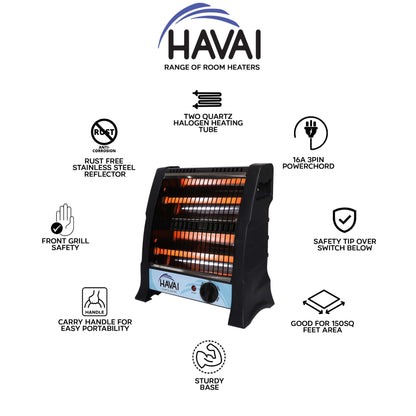 HAVAI Metal Quartz Room Heater - 800 Watts (2 Rods, Black, Red)