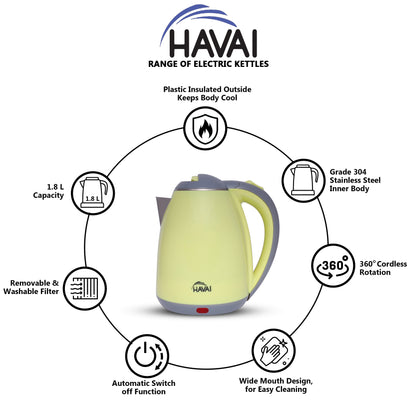HAVAI Large Premium Electric Kettle 1.8L |Stainless Steel Inner Body | Auto Power Cut | Boil Dry Protection &amp; Cool Touch Double Wall | Portable | 1500 Watts |1 Year Warranty - LIME GREEN
