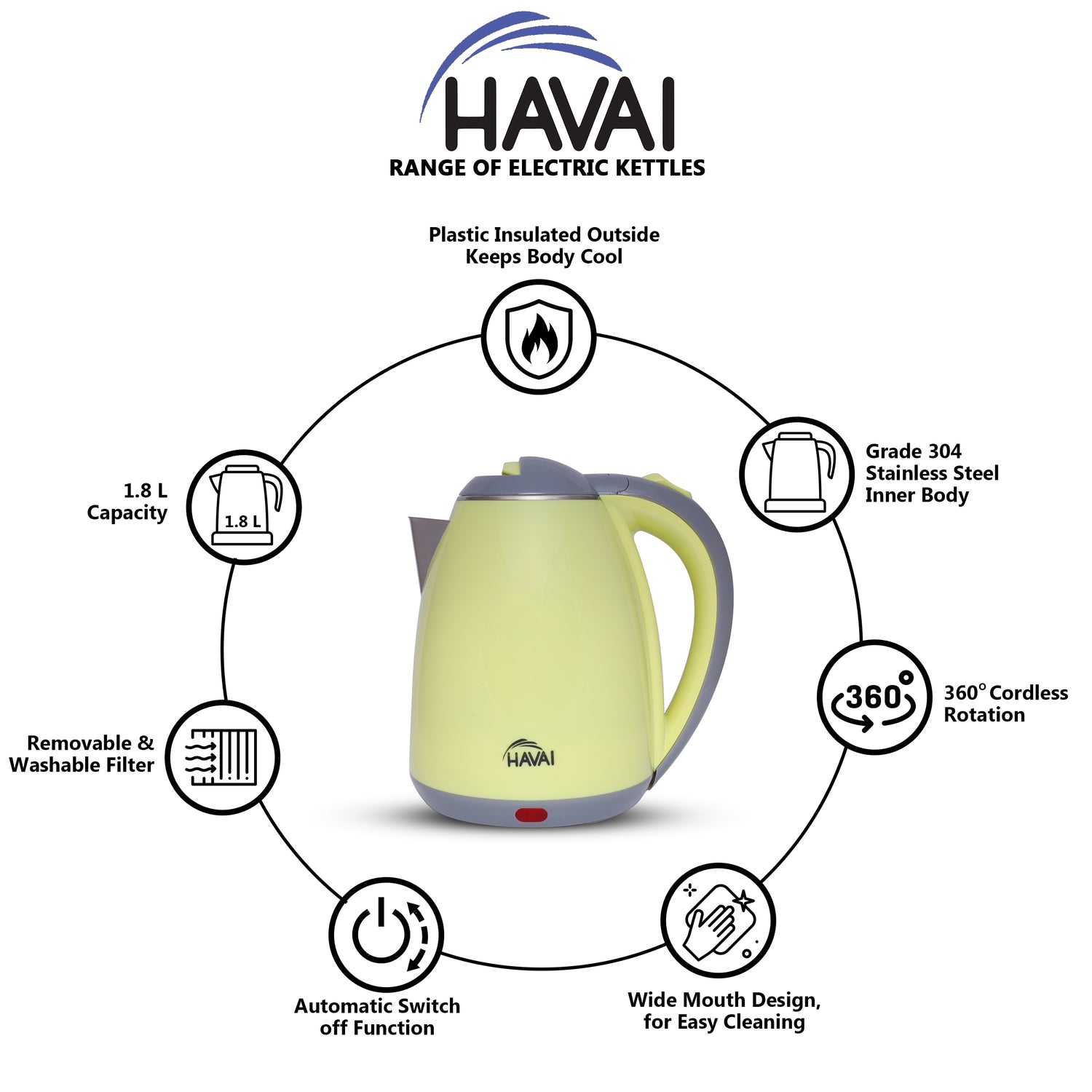 HAVAI Large Premium Electric Kettle 1.8L |Stainless Steel Inner Body | Auto Power Cut | Boil Dry Protection &amp; Cool Touch Double Wall | Portable | 1500 Watts |1 Year Warranty - LIME GREEN