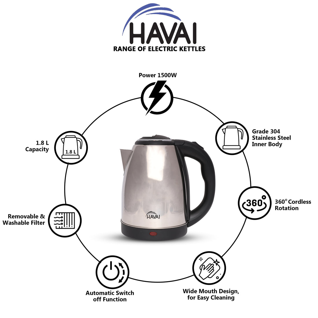 HAVAI Large Premium Electric Kettle 1.8L |Stainless Steel Inner Body | Auto Power Cut | Boil Dry Protection &amp; Cool Touch Double Wall | Portable | 1500 Watts |1 Year Warranty - STAINLESS STEEL
