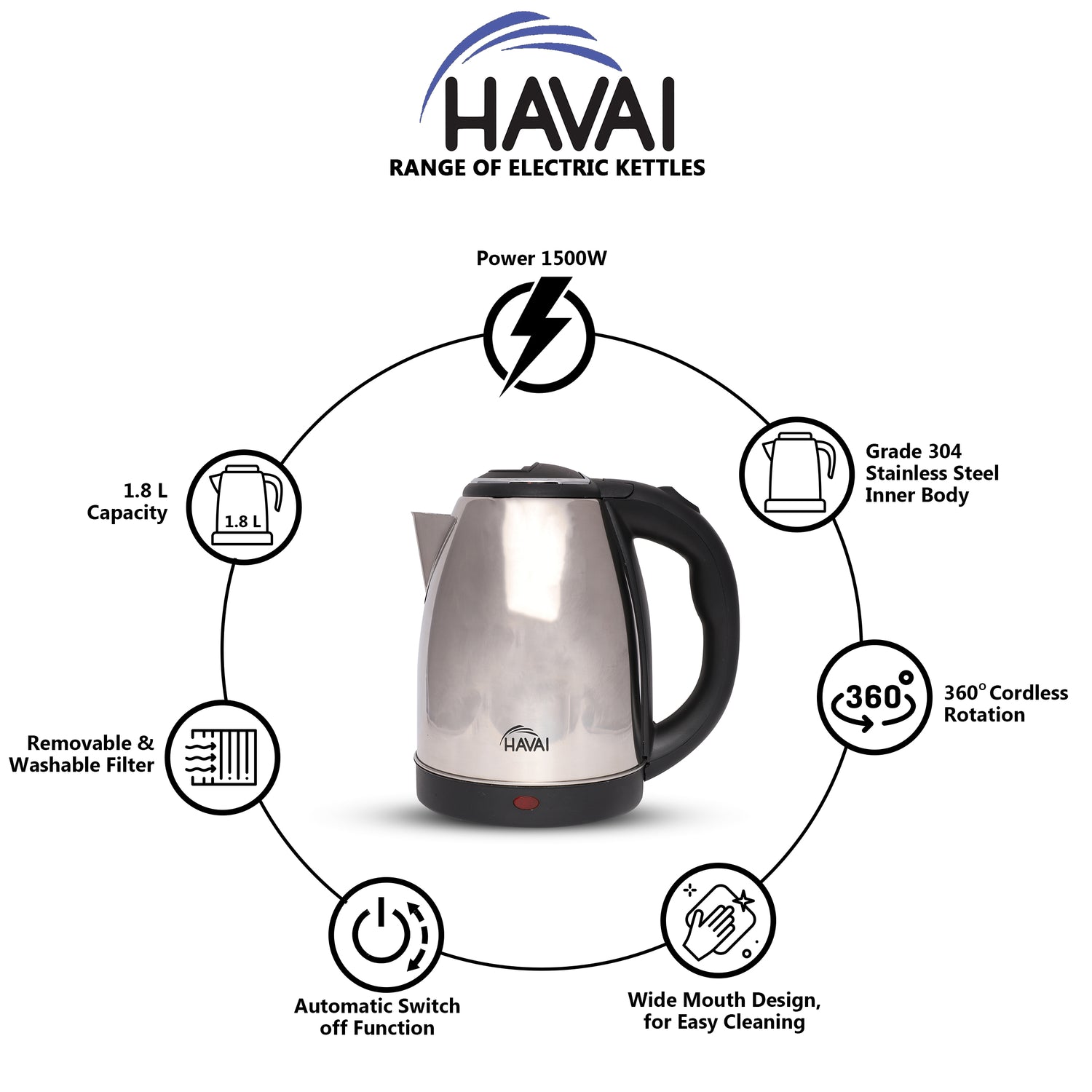 HAVAI Large Premium Electric Kettle 1.8L |Stainless Steel Inner Body | Auto Power Cut | Boil Dry Protection &amp; Cool Touch Double Wall | Portable | 1500 Watts |1 Year Warranty - STAINLESS STEEL