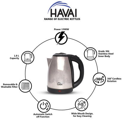 HAVAI Large Premium Electric Kettle 1.8L |Stainless Steel Inner Body | Auto Power Cut | Boil Dry Protection &amp; Cool Touch Double Wall | Portable | 1500 Watts |1 Year Warranty - STAINLESS STEEL