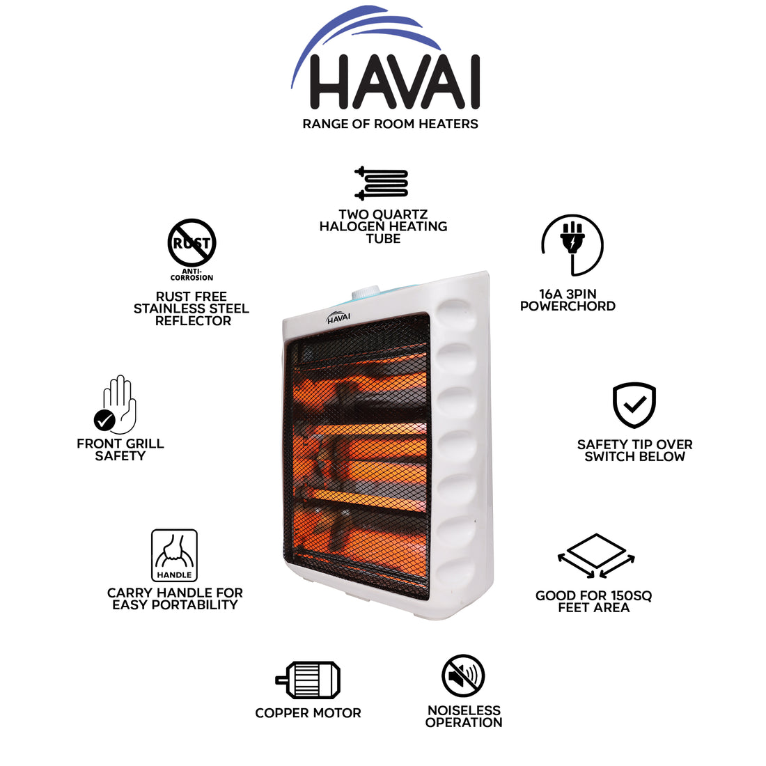 HAVAI Quartz Halogen Room Heater - 800 Watts (2 Rods, White, Blue)