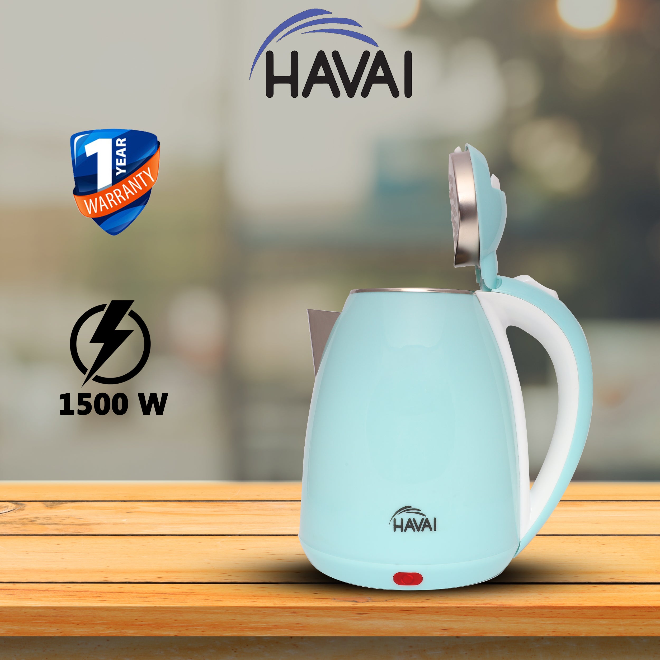 HAVAI Large Premium Electric Kettle 1.8L |Stainless Steel Inner Body | Auto Power Cut | Boil Dry Protection &amp; Cool Touch Double Wall | Portable | 1500 Watts |1 Year Warranty - AQUA BLUE