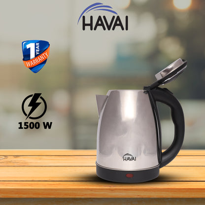 HAVAI Large Premium Electric Kettle 1.8L |Stainless Steel Inner Body | Auto Power Cut | Boil Dry Protection &amp; Cool Touch Double Wall | Portable | 1500 Watts |1 Year Warranty - STAINLESS STEEL