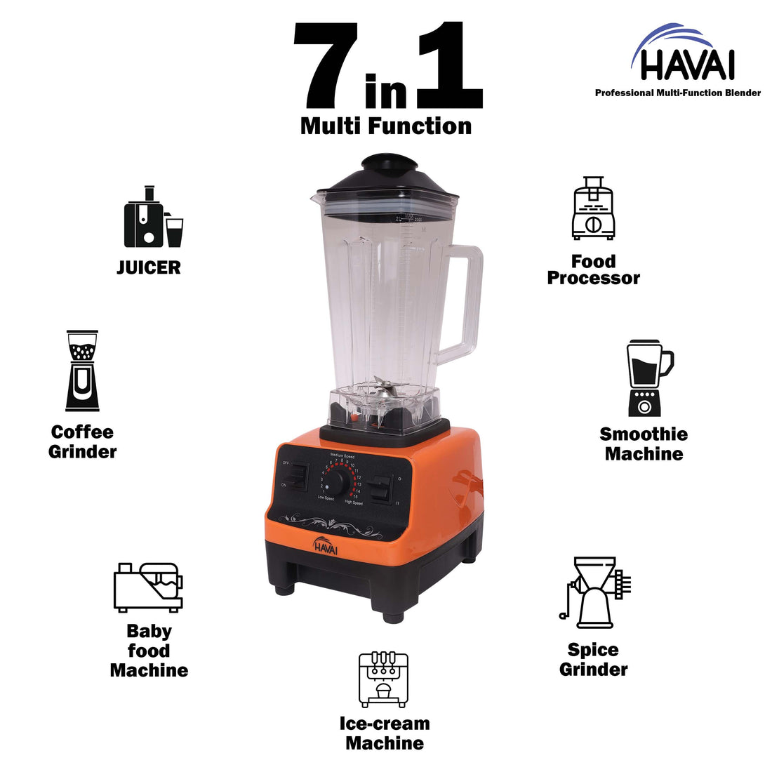 HAVAI Professional Heavy Duty Blender/Grinder/Mixer, 1200W, 2 Litres BPA Free Jar, Crush Ice - Make Shakes, Grind Spices and Smoothies (ORANGE)