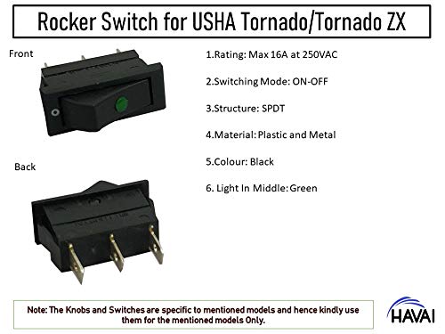 HAVAI Set of Rocker Switch with Three Speed Rotary Switch and Knob for Usha Tornado/Tornado ZX Tower Cooler