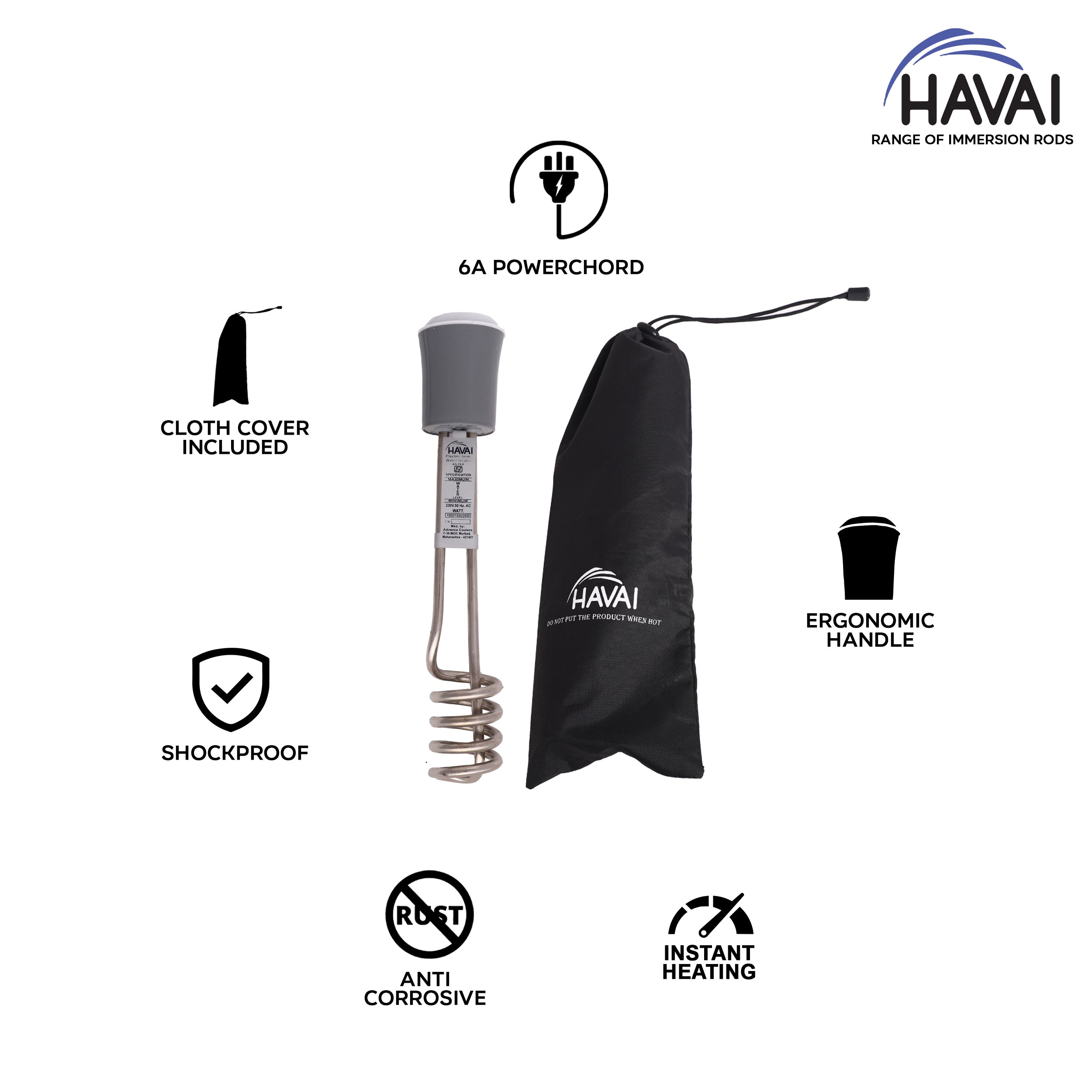 HAVAI Immersion Rod with Cover - Metal, Grey and White, 1500 W