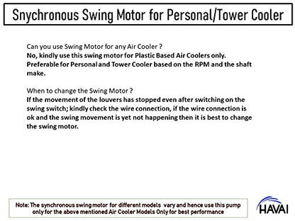 HAVAI Synchronous Swing Motor for Evaporative Air Coolers Personal and Tower