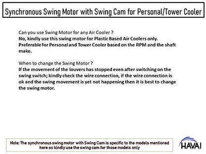 HAVAI Synchronous Swing Motor with Swing Cam for Usha Stellar/Stellar ZX Personal Cooler and Tornado/Tornado ZX Tower Cooler