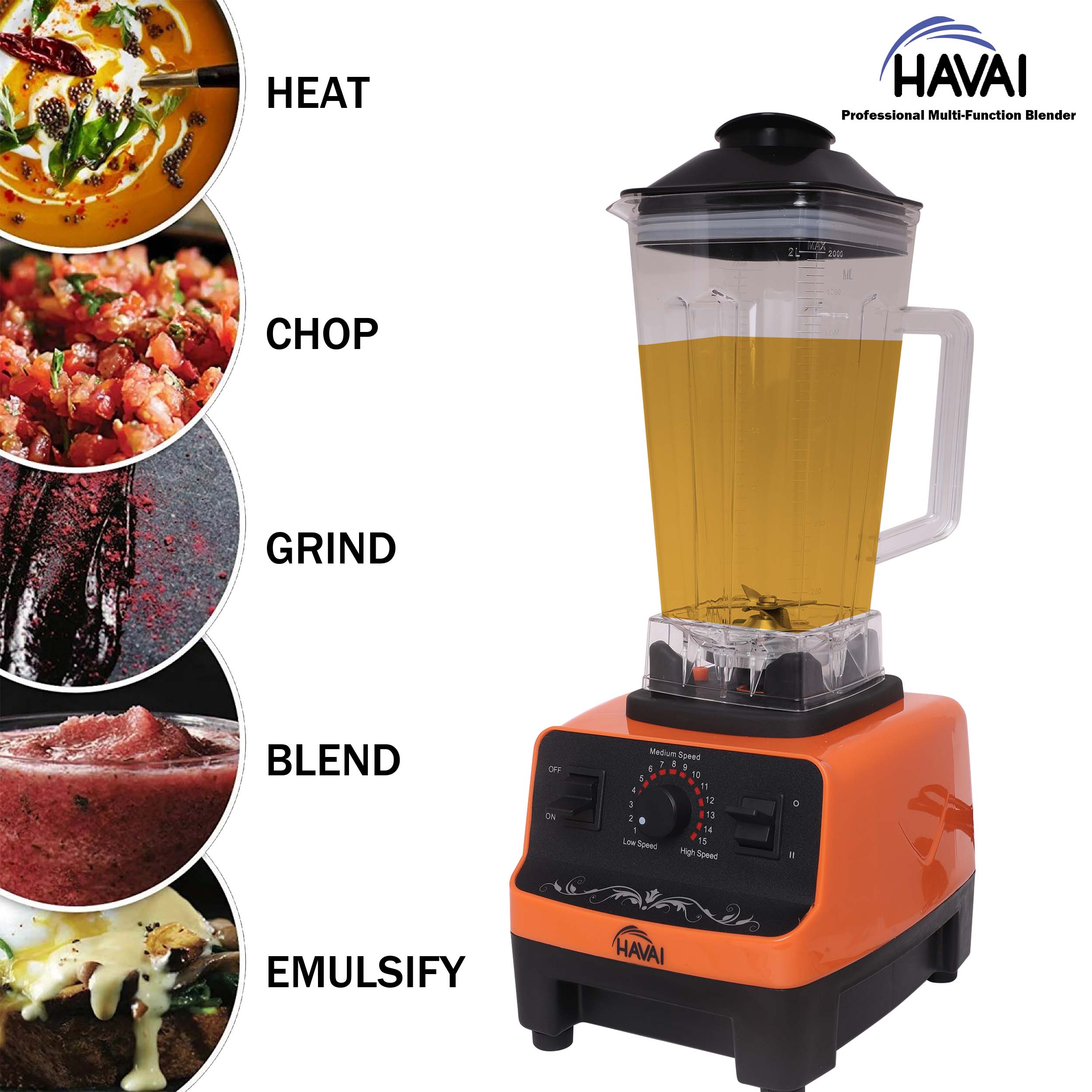 HAVAI Professional Heavy Duty Blender/Grinder/Mixer, 1200W, 2 Litres BPA Free Jar, Crush Ice - Make Shakes, Grind Spices and Smoothies (ORANGE)