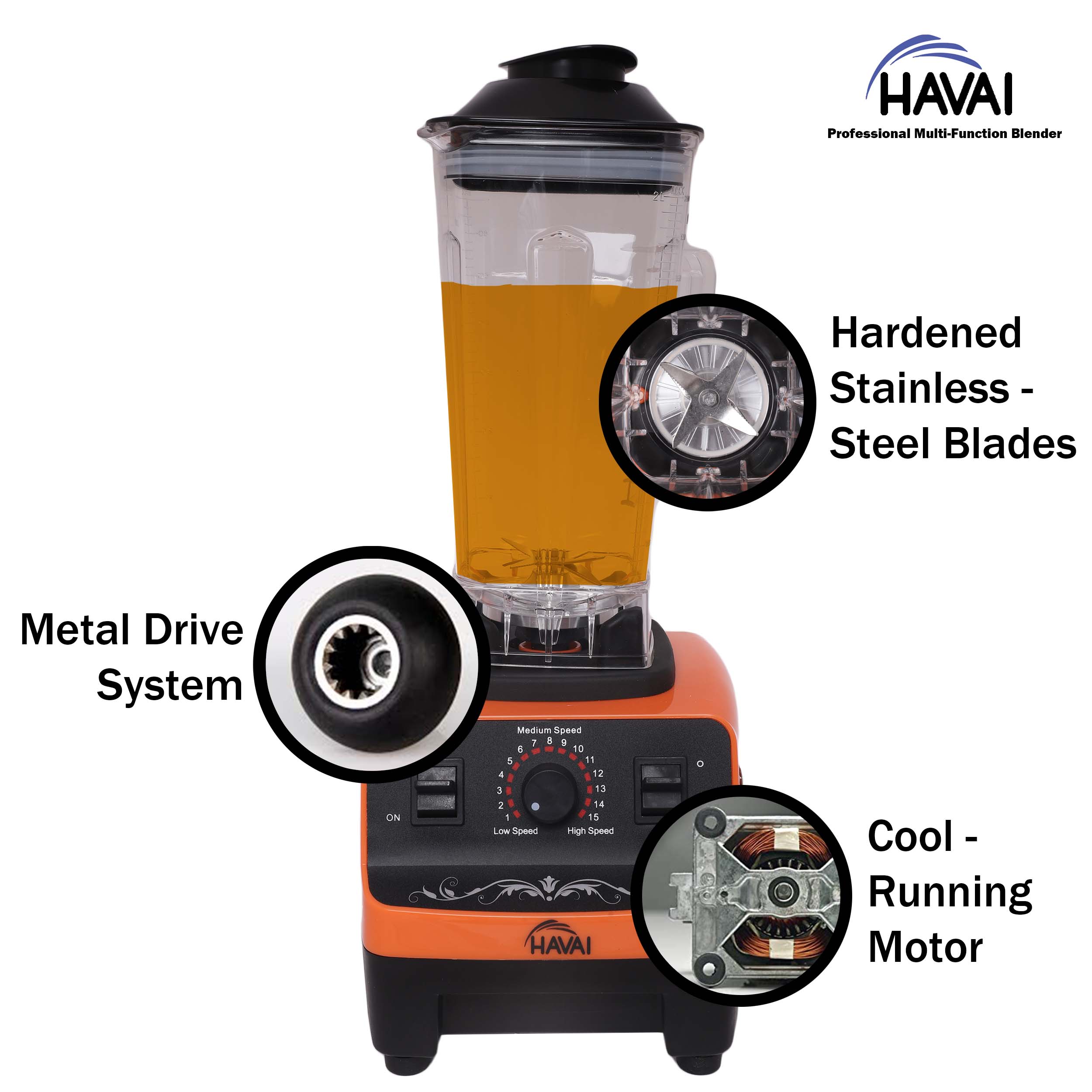 HAVAI Professional Heavy Duty Blender/Grinder/Mixer, 1200W, 2 Litres BPA Free Jar, Crush Ice - Make Shakes, Grind Spices and Smoothies (ORANGE)
