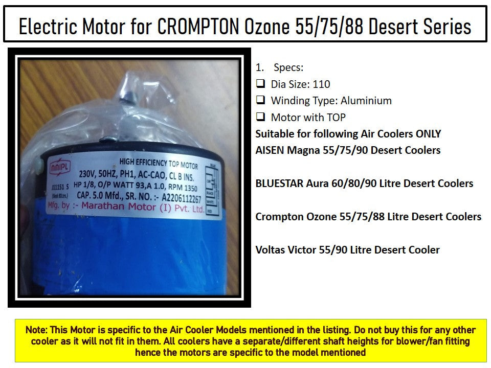 Main/Electric Motor - For Crompton Ozone 75 Litre Desert Cooler