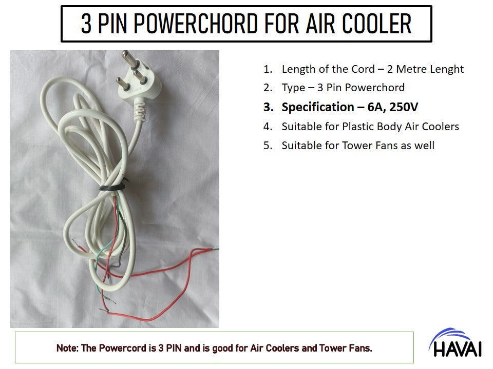 HAVAI Three Pin Powerchord with 2 Metre Length - Suitable for Air Coolers &amp; Tower Fans