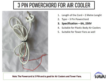 HAVAI Three Pin Powerchord with 2 Metre Length - Suitable for Air Coolers & Tower Fans