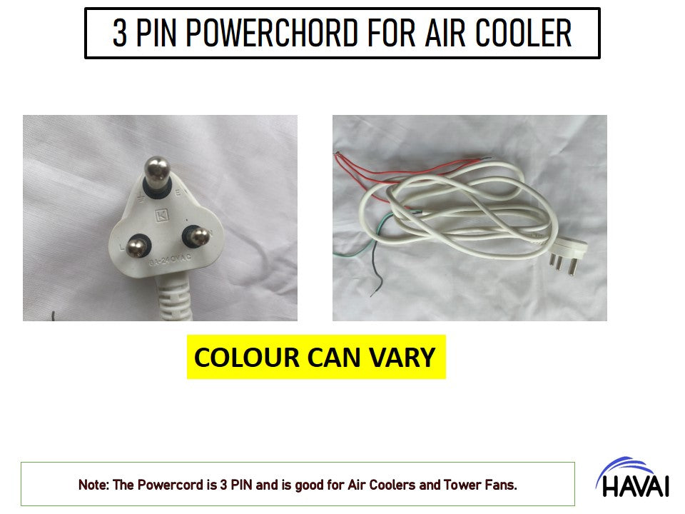 HAVAI Three Pin Powerchord with 2 Metre Length - Suitable for Air Coolers &amp; Tower Fans