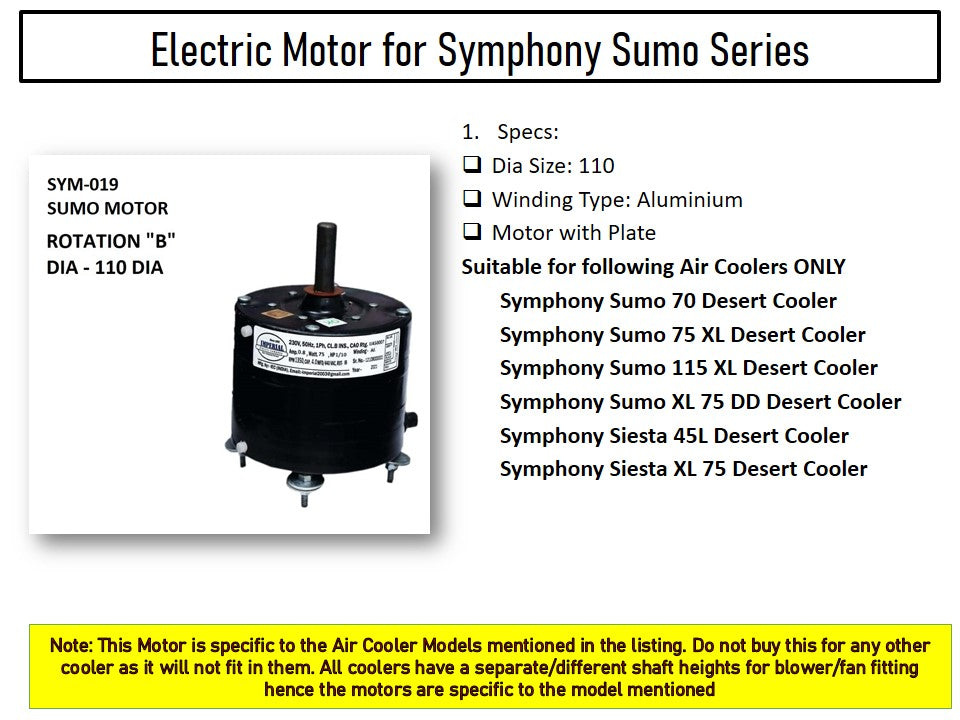 Main/Electric Motor - For Symphony Sumo XL 75 DD Litre Desert Cooler